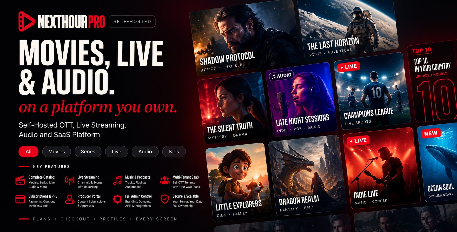 NextHour Pro — movies, live TV and audio on a self-hosted OTT platform: Movies, Series, Live, Audio and Kids catalogues, multi-tenant SaaS, subscriptions and pay-per-view